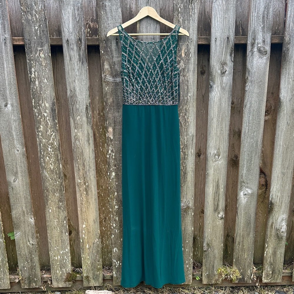 Adrianna Papell Emerald Green with silver beading Maxi Dress
